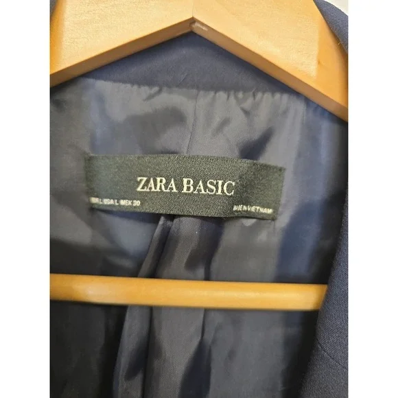 Zara Basic Navy Blue Blazer with Striped Shirt Hem Detail Size Large Womens - Picture 2 of 4